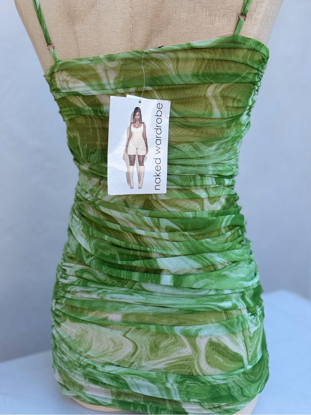 With tags Naked wardrobe Green Marble Ruched Mini Dress - Picture 3 of 4